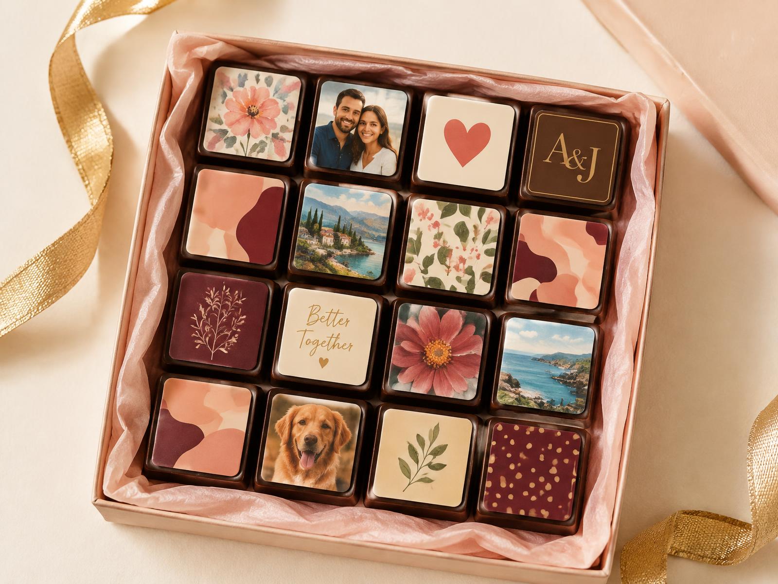 Gift box of chocolates printed with photos, flowers, initials and patterns